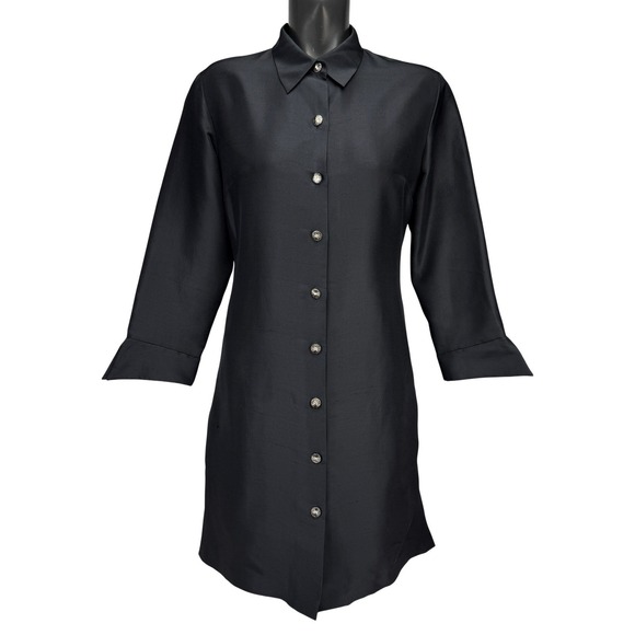 SilkLand Tops - SILKLAND 100% Raw Silk Button Down Sunburst Buttons Womens Black Shirt Dress M